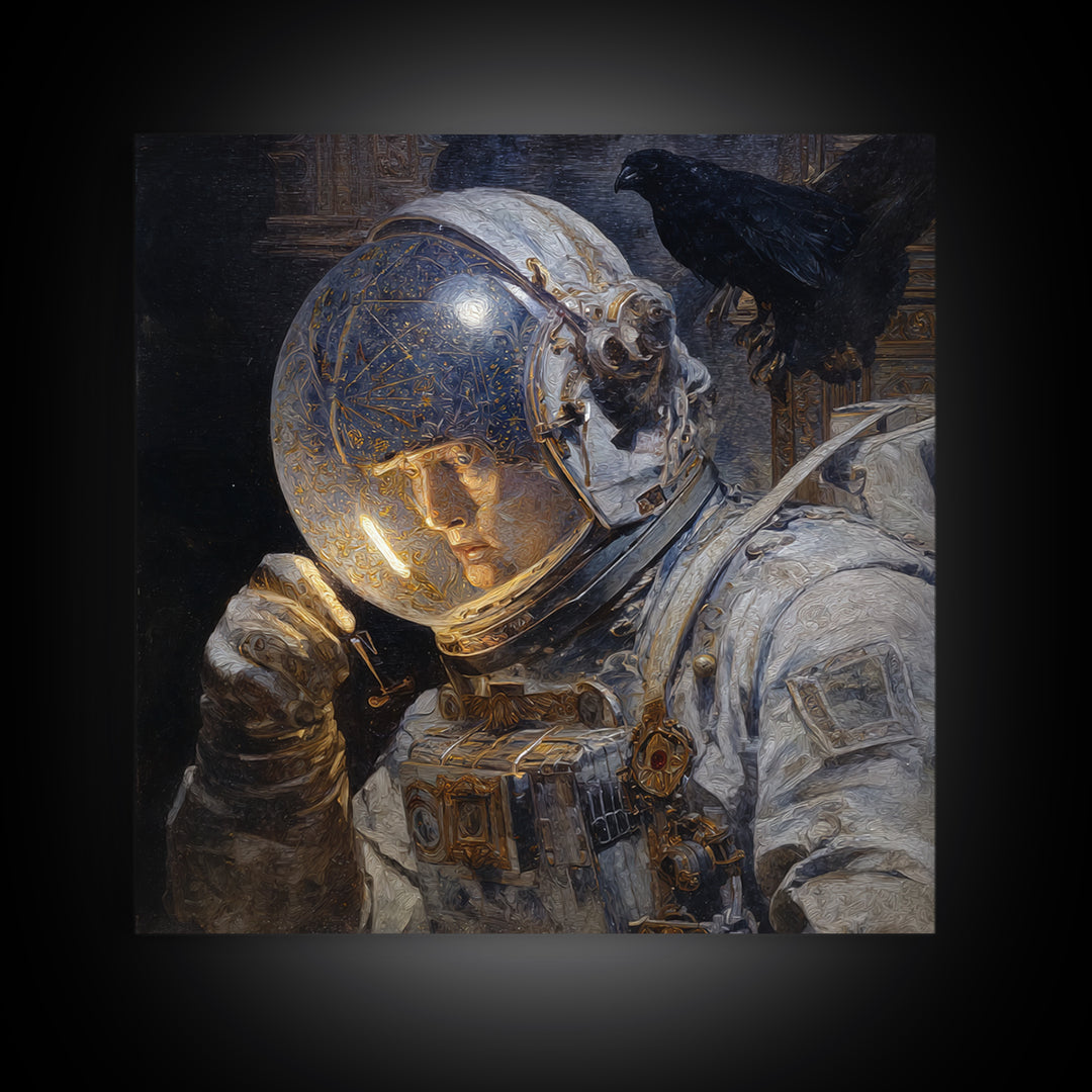 The Astronaut Ghost, Ornate Symbolist Art, Square Wall Art, Dark Halloween Decor, Framed Canvas Print, Halloween Wall Art