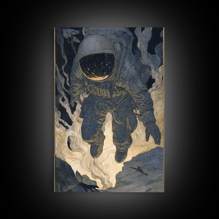The Astronaut Ghost, Symbolist Etching Art, Vertical Wall Art, Macabre Wall Art, Framed Canvas Print, Halloween Wall Art