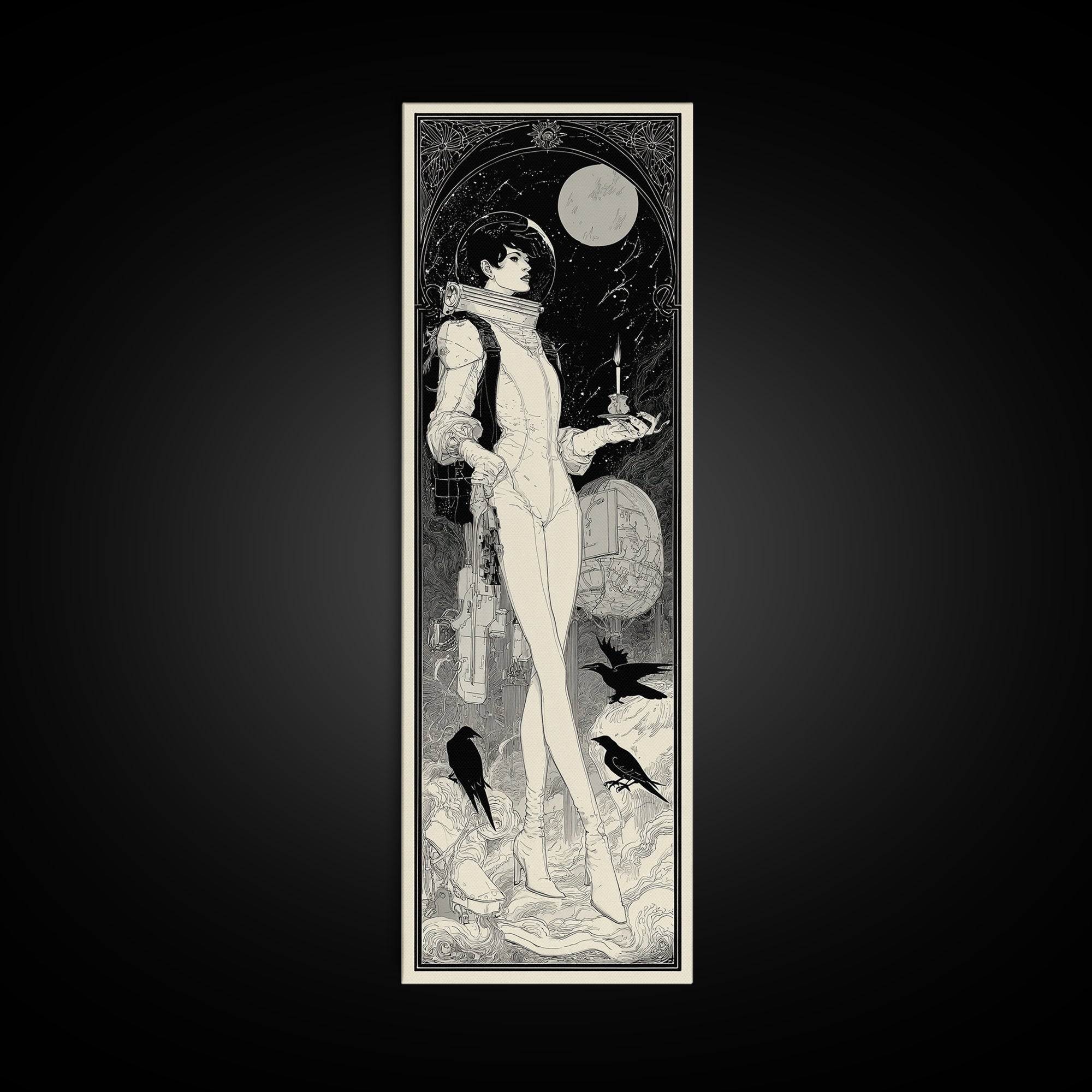 The Astronaut Ghost, Decadent Line Art, Tall Narrow Wall Art, Gothic Horror Wall Art, Canvas Print, Halloween Wall Art