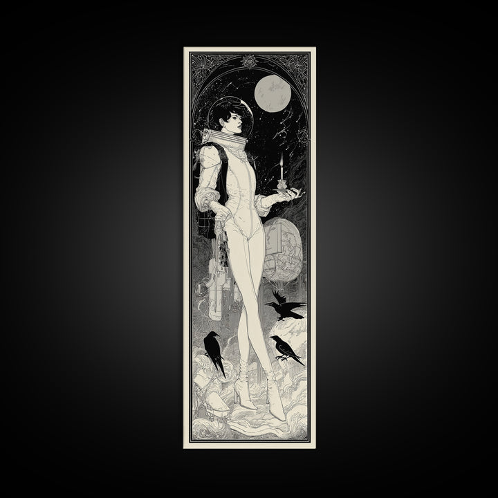 The Astronaut Ghost, Decadent Line Art, Tall Narrow Wall Art, Gothic Horror Wall Art, Canvas Print, Halloween Wall Art