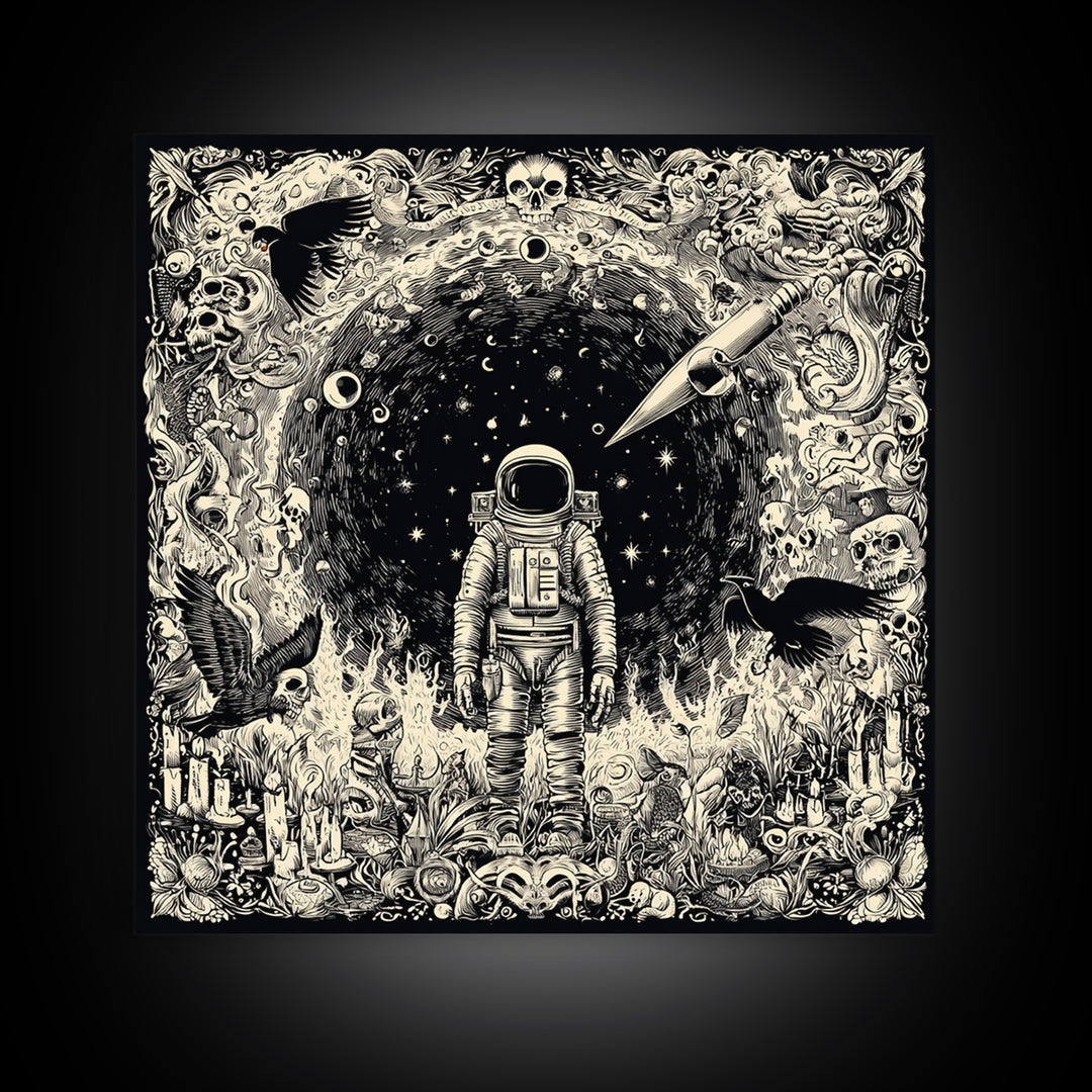 The Astronaut Ghost, Macabre Folk Print Art, Square Wall Art, Dark Halloween Decor, Canvas Print, Halloween Wall Art