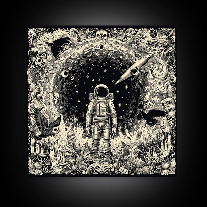 The Astronaut Ghost, Macabre Folk Print Art, Square Wall Art, Dark Halloween Decor, Canvas Print, Halloween Wall Art