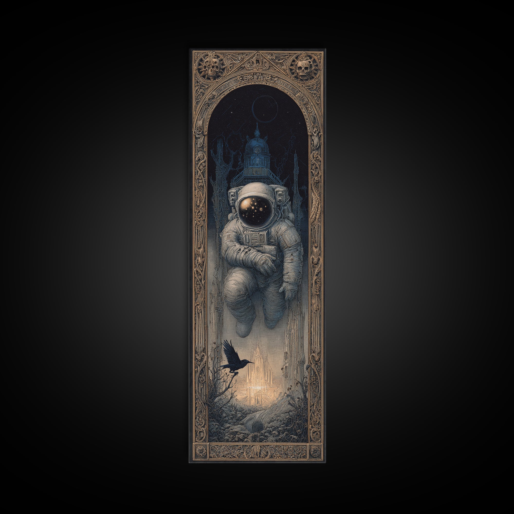 The Astronaut Ghost, Surreal Apocalyptic Art, Tall Narrow Wall Art, Gothic Horror Wall Art, Framed Canvas Print, Halloween Wall Art