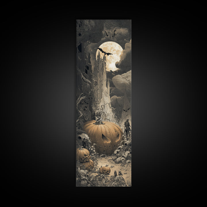 The Alien Pumpkin Patch, Gothic Engraving Art, Tall Narrow Wall Art, Dark Fantasy Wall Art, Canvas Print, Halloween Wall Art
