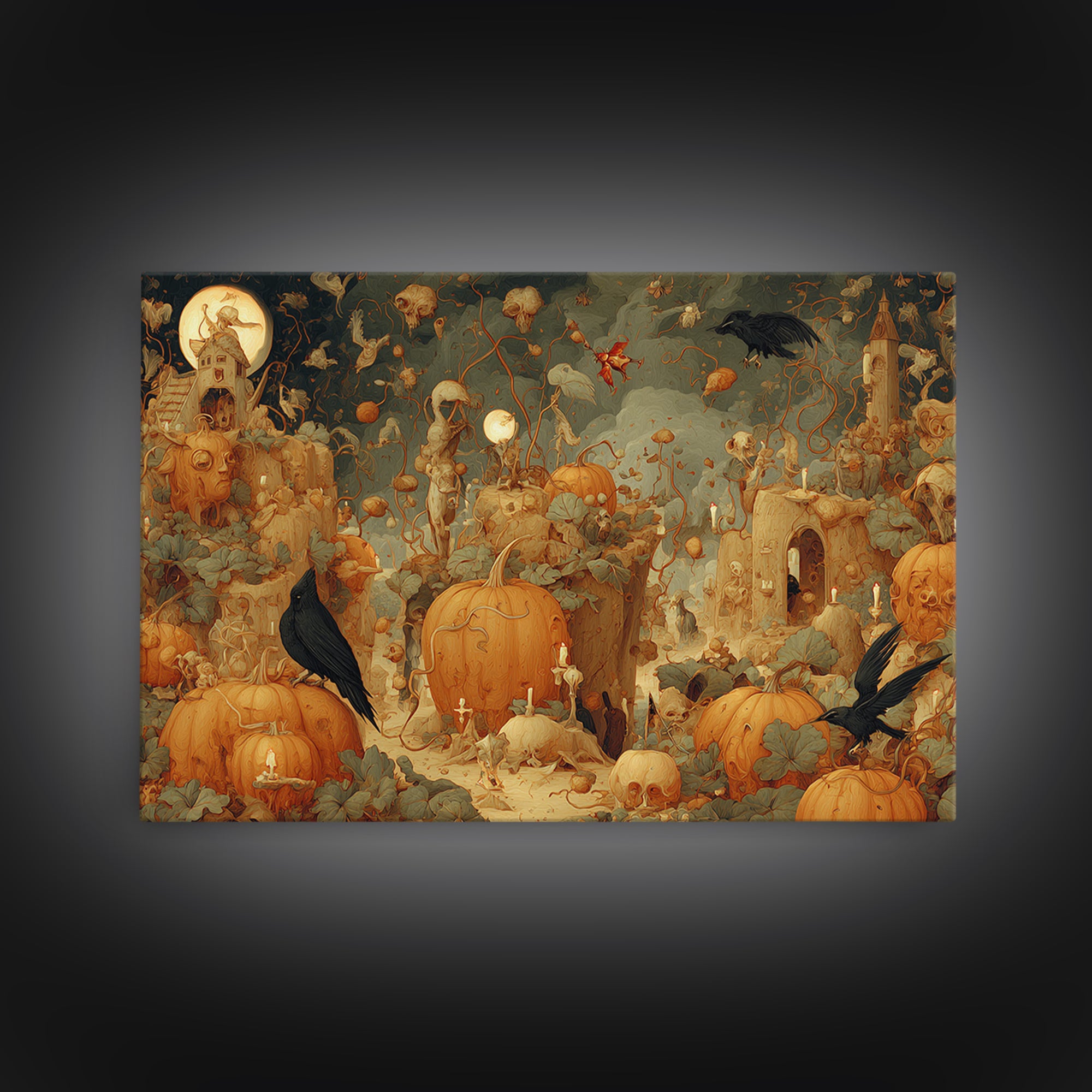 The Alien Pumpkin Patch, Medieval Grotesque Art, Landscape Wall Art, Macabre Wall Art, Canvas Print, Halloween Wall Art