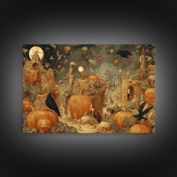 The Alien Pumpkin Patch, Medieval Grotesque Art, Landscape Wall Art, Macabre Wall Art, Canvas Print, Halloween Wall Art