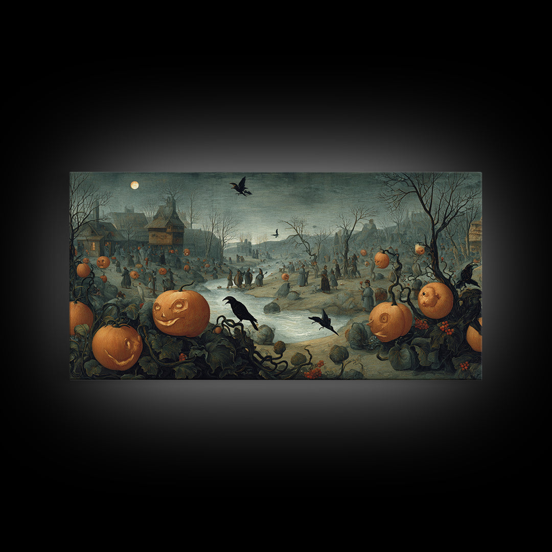 The Alien Pumpkin Patch, Northern Renaissance Horror, Wide Panoramic Art, Dark Halloween Decor, Canvas Print, Halloween Wall Art