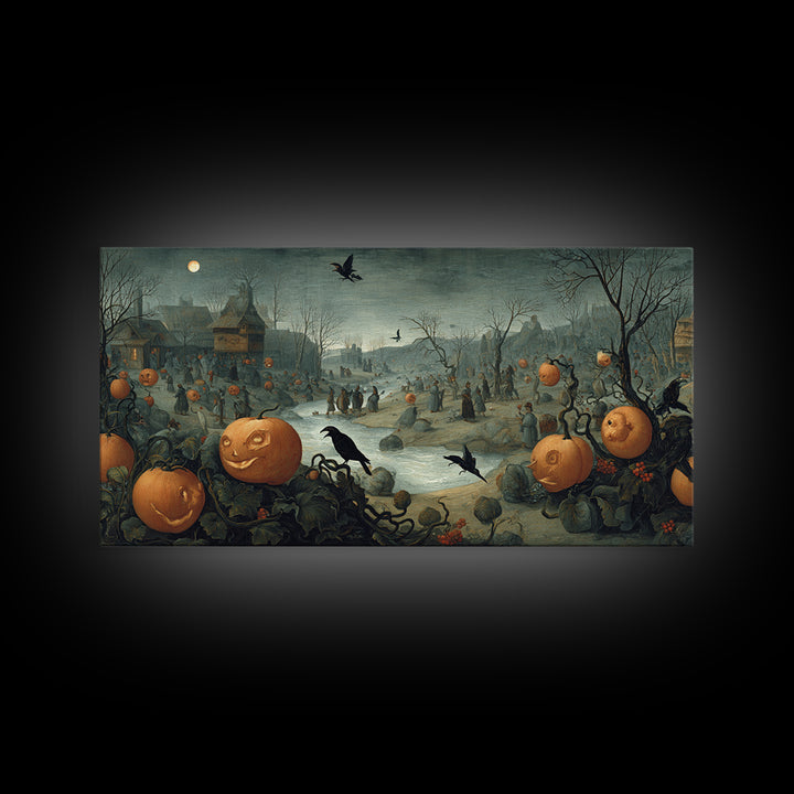 The Alien Pumpkin Patch, Northern Renaissance Horror, Wide Panoramic Art, Dark Halloween Decor, Canvas Print, Halloween Wall Art