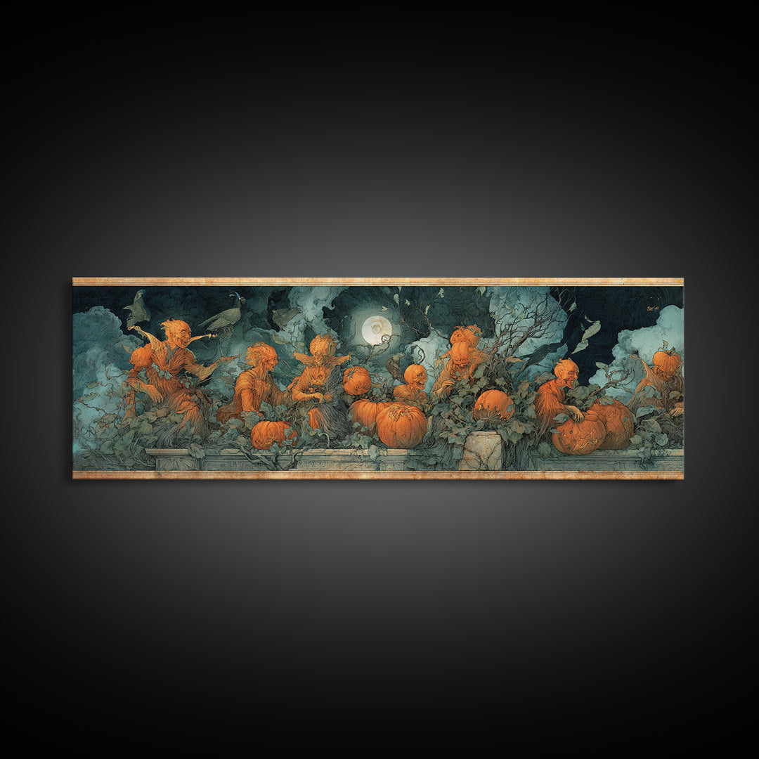 The Alien Pumpkin Patch, Dark Renaissance Art, Extra Wide Wall Art, Macabre Wall Art, Canvas Print, Halloween Wall Art