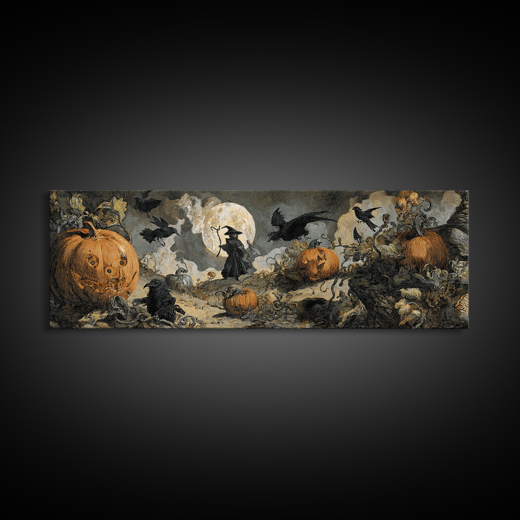 The Alien Pumpkin Patch, Dark Romantic Horror Art, Extra Wide Wall Art, Gothic Horror Wall Art, Canvas Print, Halloween Wall Art