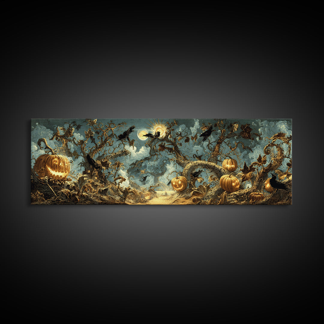 The Alien Pumpkin Patch, Visionary Gothic Art, Extra Wide Wall Art, Dark Halloween Decor, Framed Canvas Print, Halloween Wall Art