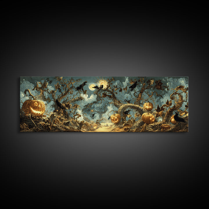 The Alien Pumpkin Patch, Visionary Gothic Art, Extra Wide Wall Art, Dark Halloween Decor, Framed Canvas Print, Halloween Wall Art