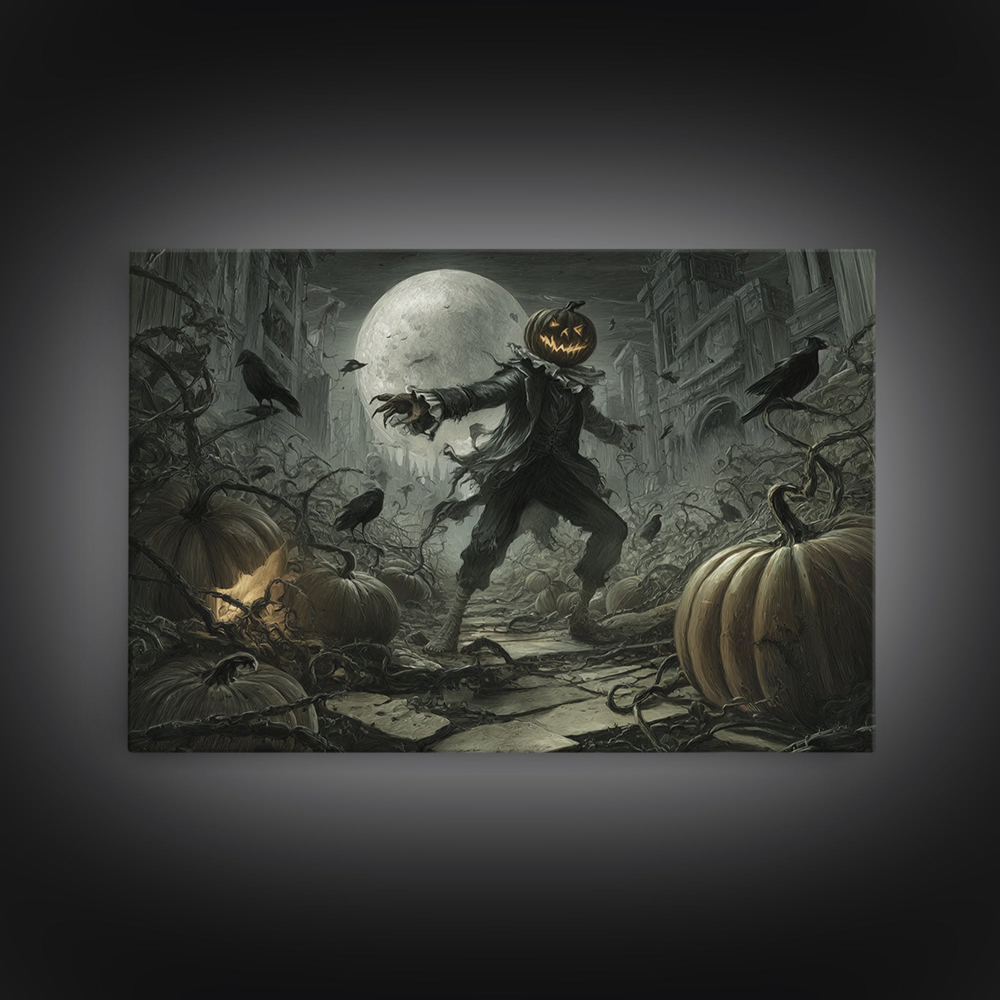 The Alien Pumpkin Patch, Architectural Etching Art, Landscape Wall Art, Macabre Wall Art, Canvas Print, Halloween Wall Art