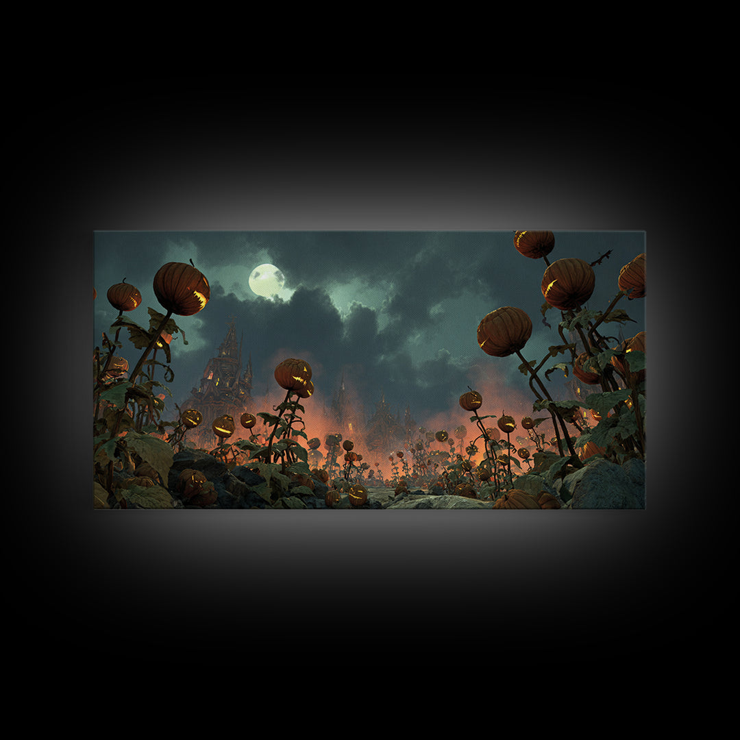 The Alien Pumpkin Patch, Apocalyptic Romantic Art, Wide Panoramic Art, Gothic Horror Wall Art, Canvas Print, Halloween Wall Art