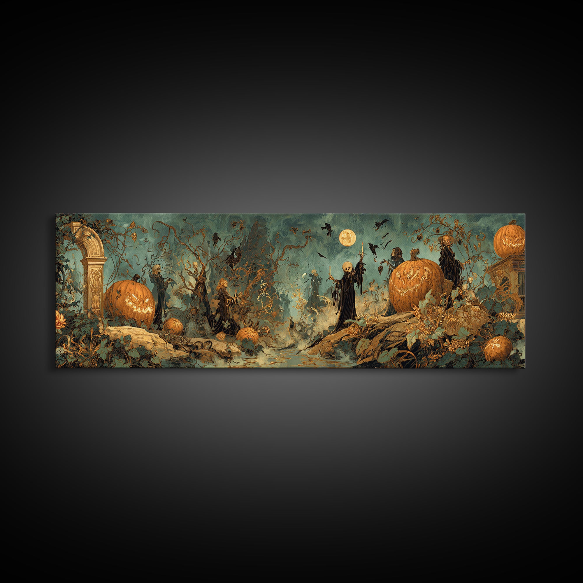 The Alien Pumpkin Patch, Ornate Symbolist Art, Extra Wide Wall Art, Dark Halloween Decor, Canvas Print, Halloween Wall Art