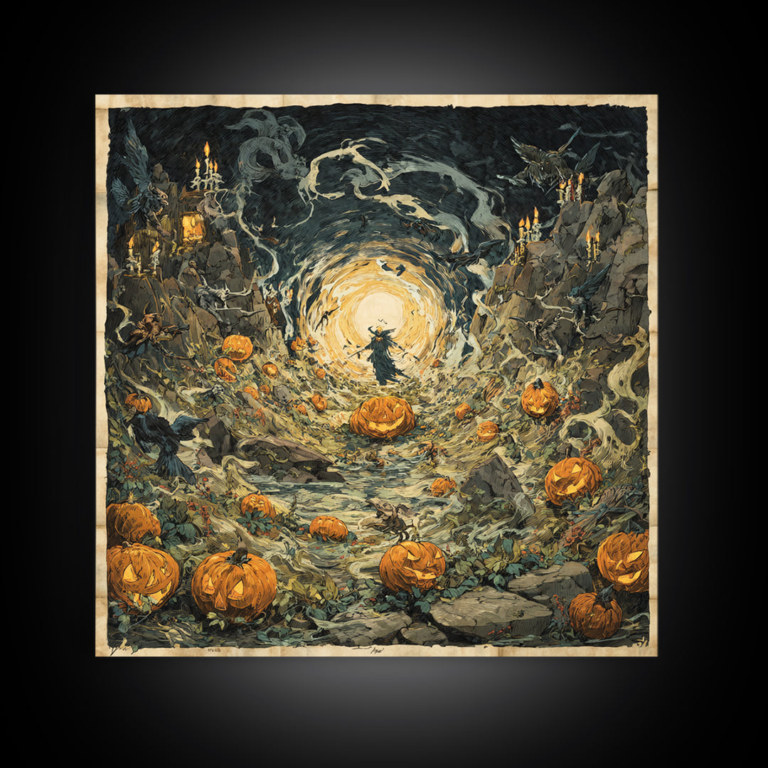 The Alien Pumpkin Patch, Symbolist Etching Art, Square Wall Art, Dark Fantasy Wall Art, Canvas Print, Halloween Wall Art