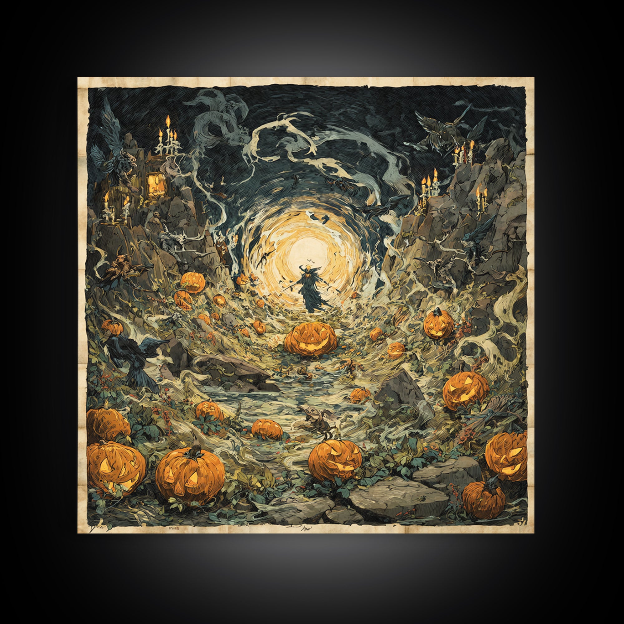 The Alien Pumpkin Patch, Symbolist Etching Art, Square Wall Art, Dark Fantasy Wall Art, Canvas Print, Halloween Wall Art