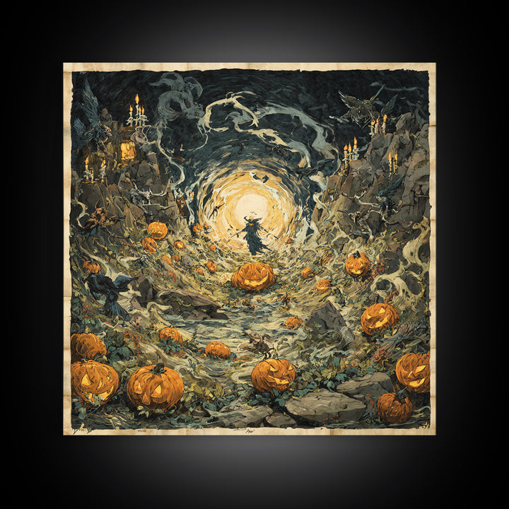 The Alien Pumpkin Patch, Symbolist Etching Art, Square Wall Art, Dark Fantasy Wall Art, Canvas Print, Halloween Wall Art