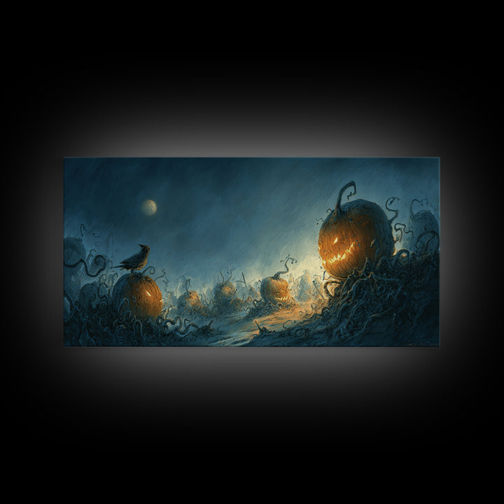 The Alien Pumpkin Patch, Expressionist Nightmare Art, Wide Panoramic Art, Macabre Wall Art, Framed Canvas Print, Halloween Wall Art