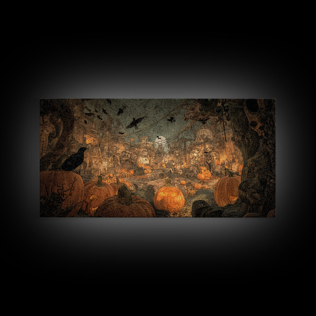 The Alien Pumpkin Patch, Grotesque Carnival Art, Wide Panoramic Art, Gothic Horror Wall Art, Framed Canvas Print, Halloween Wall Art