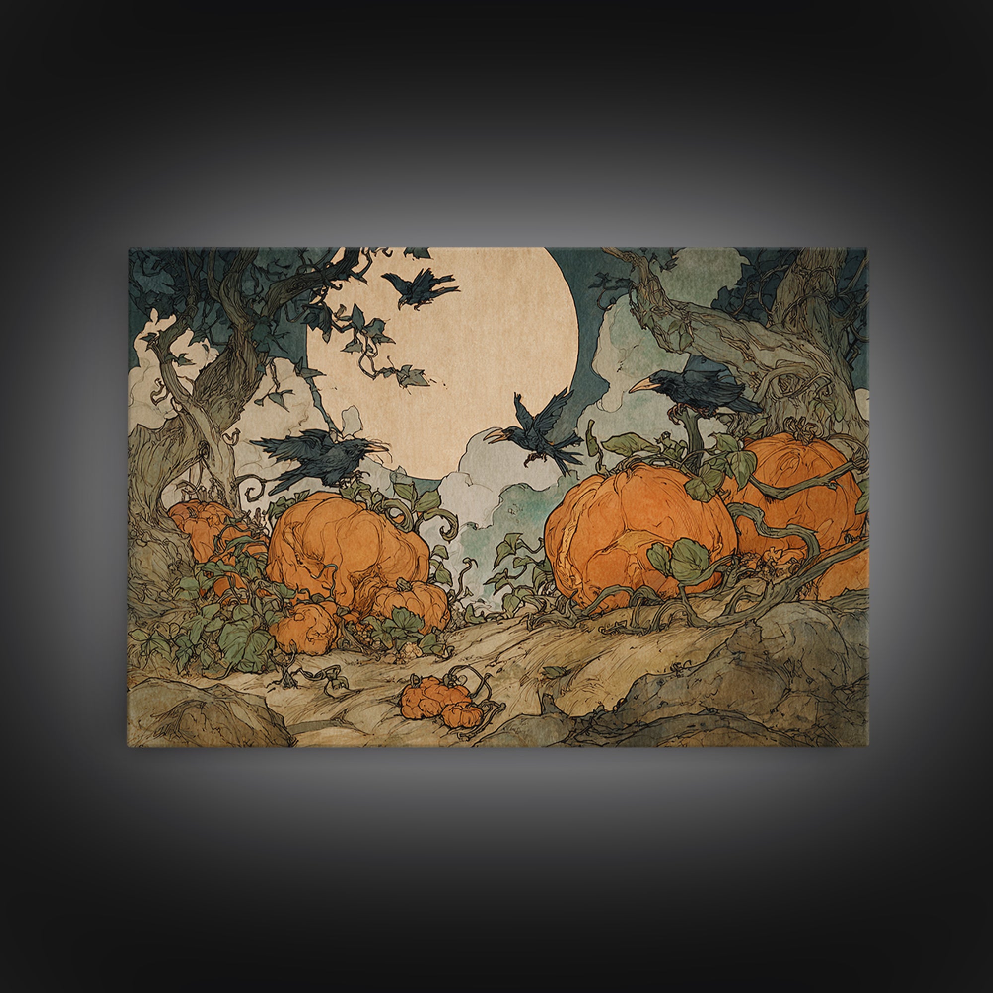 The Alien Pumpkin Patch, Gothic Storybook Art, Landscape Wall Art, Macabre Wall Art, Framed Canvas Print, Halloween Wall Art