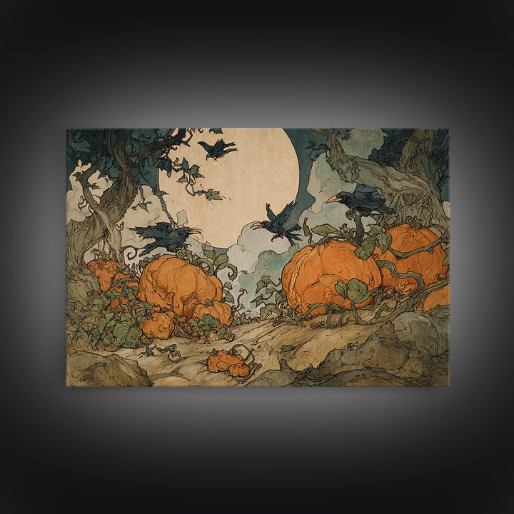 The Alien Pumpkin Patch, Gothic Storybook Art, Landscape Wall Art, Macabre Wall Art, Framed Canvas Print, Halloween Wall Art