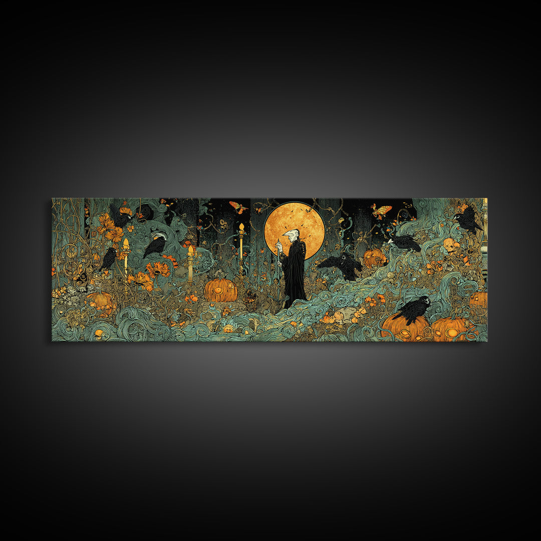The Alien Pumpkin Patch, Stained Glass Gothic Art, Extra Wide Wall Art, Dark Fantasy Wall Art, Canvas Print, Halloween Wall Art