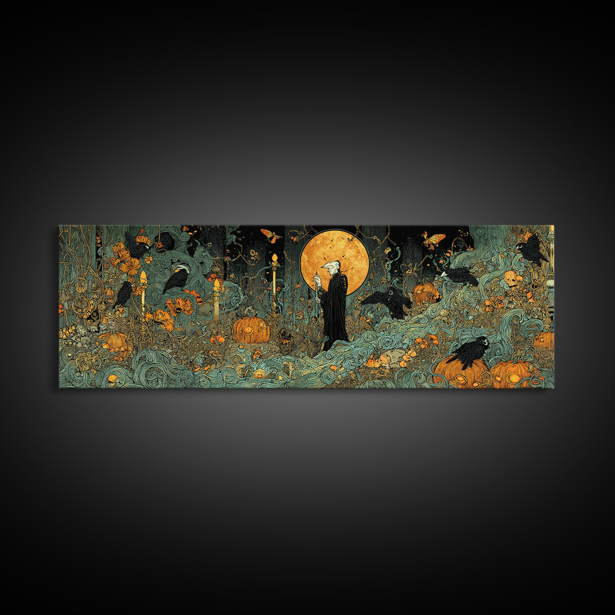 The Alien Pumpkin Patch, Stained Glass Gothic Art, Extra Wide Wall Art, Dark Fantasy Wall Art, Canvas Print, Halloween Wall Art