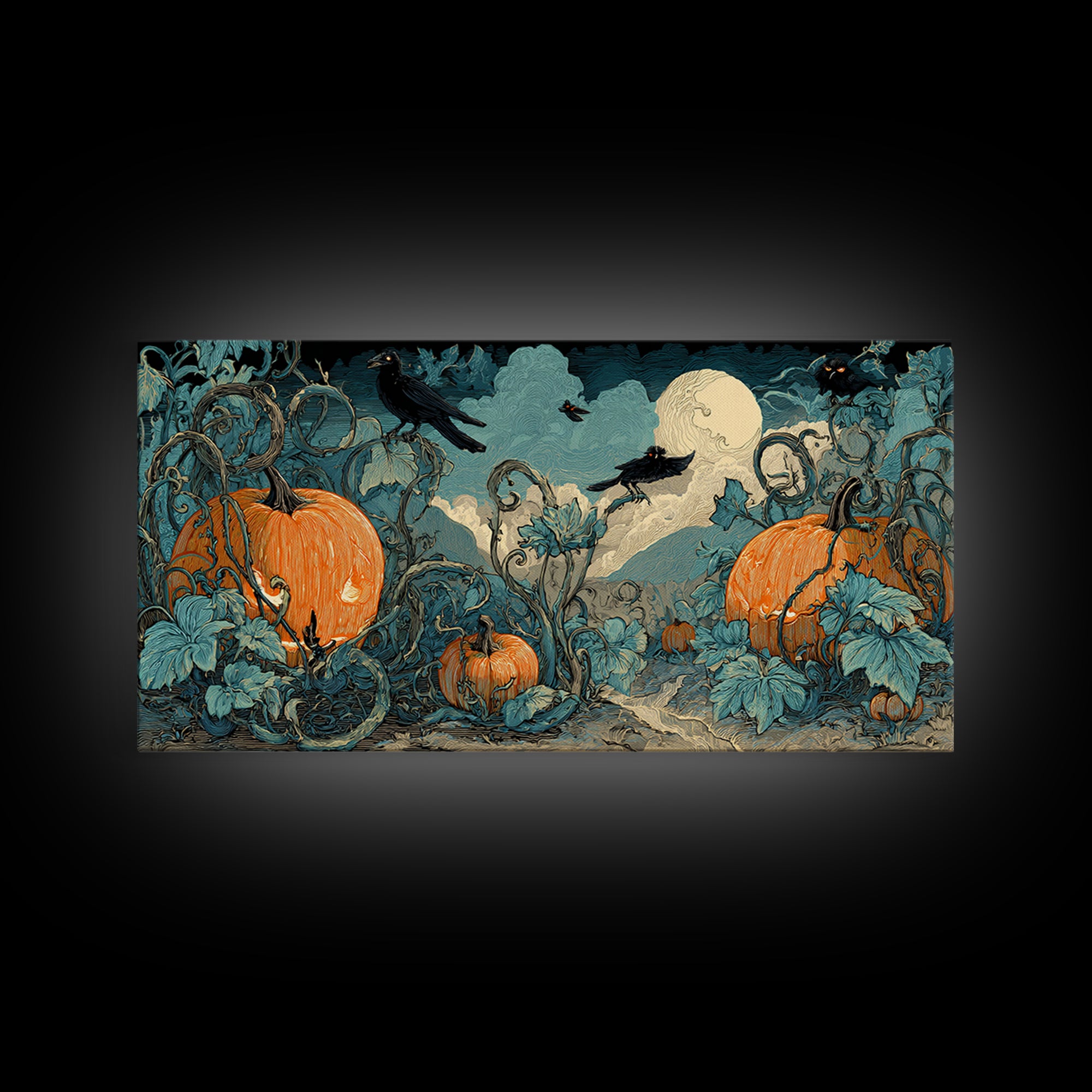 The Alien Pumpkin Patch, Macabre Folk Print Art, Wide Panoramic Art, Macabre Wall Art, Canvas Print, Halloween Wall Art