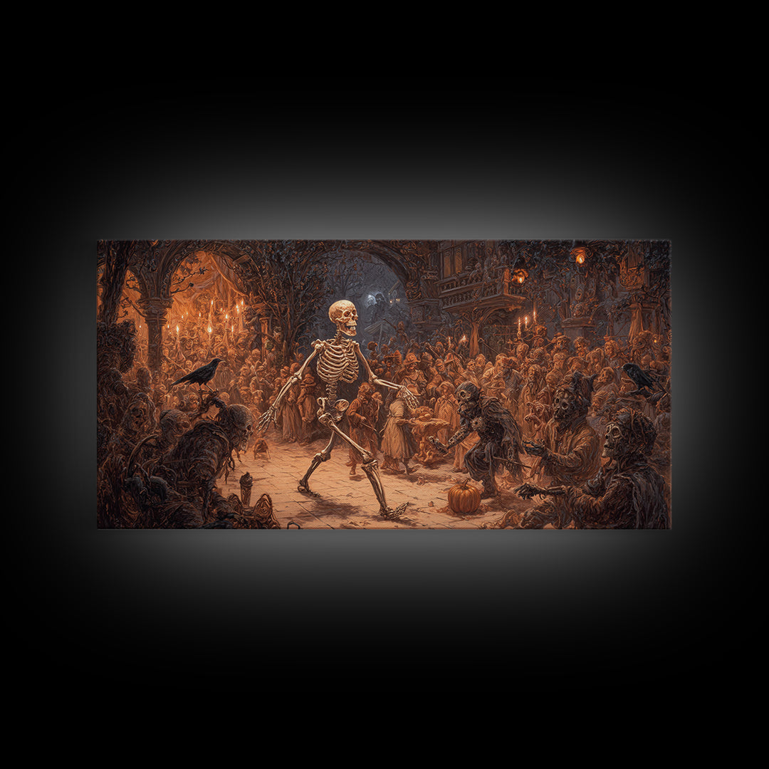 The Biomechanical Skeleton, Northern Renaissance Horror, Wide Panoramic Art, Macabre Wall Art, Canvas Print, Halloween Wall Art