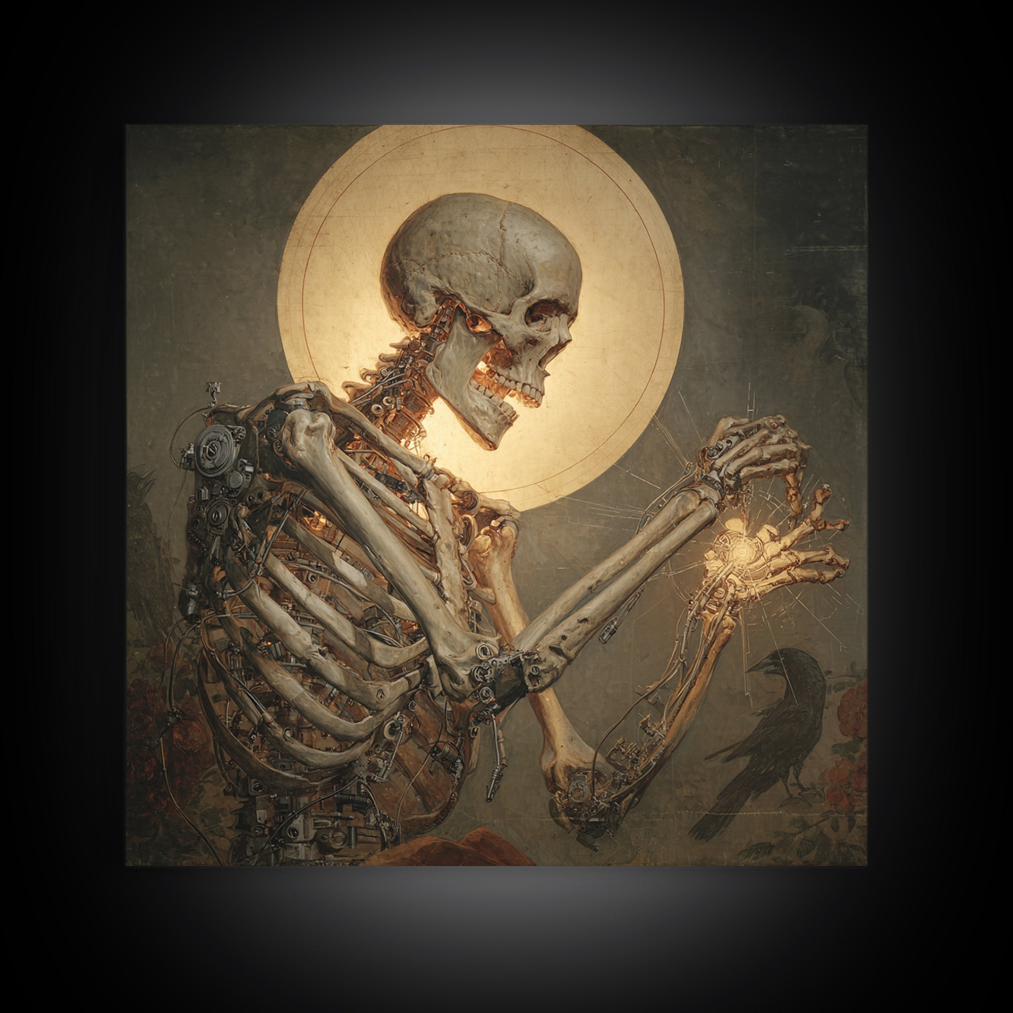 The Biomechanical Skeleton, Dark Renaissance Art, Square Wall Art, Dark Fantasy Wall Art, Framed Canvas Print, Halloween Wall Art