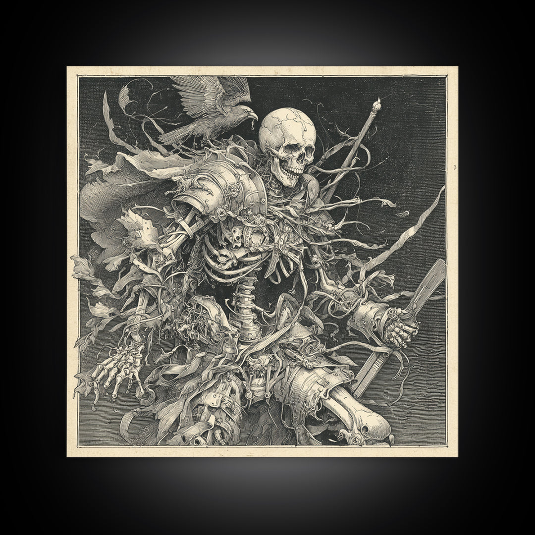 The Biomechanical Skeleton, Renaissance Engraving Art, Square Wall Art, Dark Fantasy Wall Art, Framed Canvas Print, Halloween Wall Art