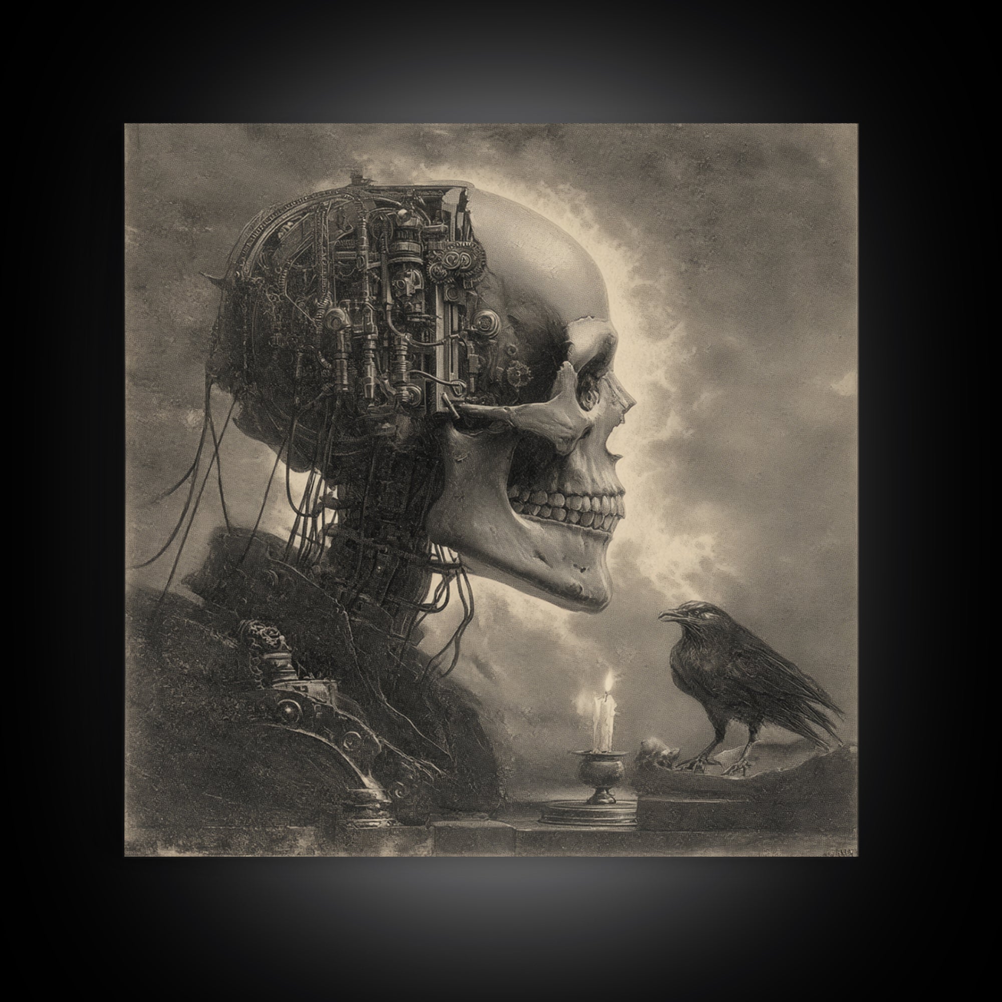 The Biomechanical Skeleton, Symbolist Etching Art, Square Wall Art, Dark Fantasy Wall Art, Canvas Print, Halloween Wall Art