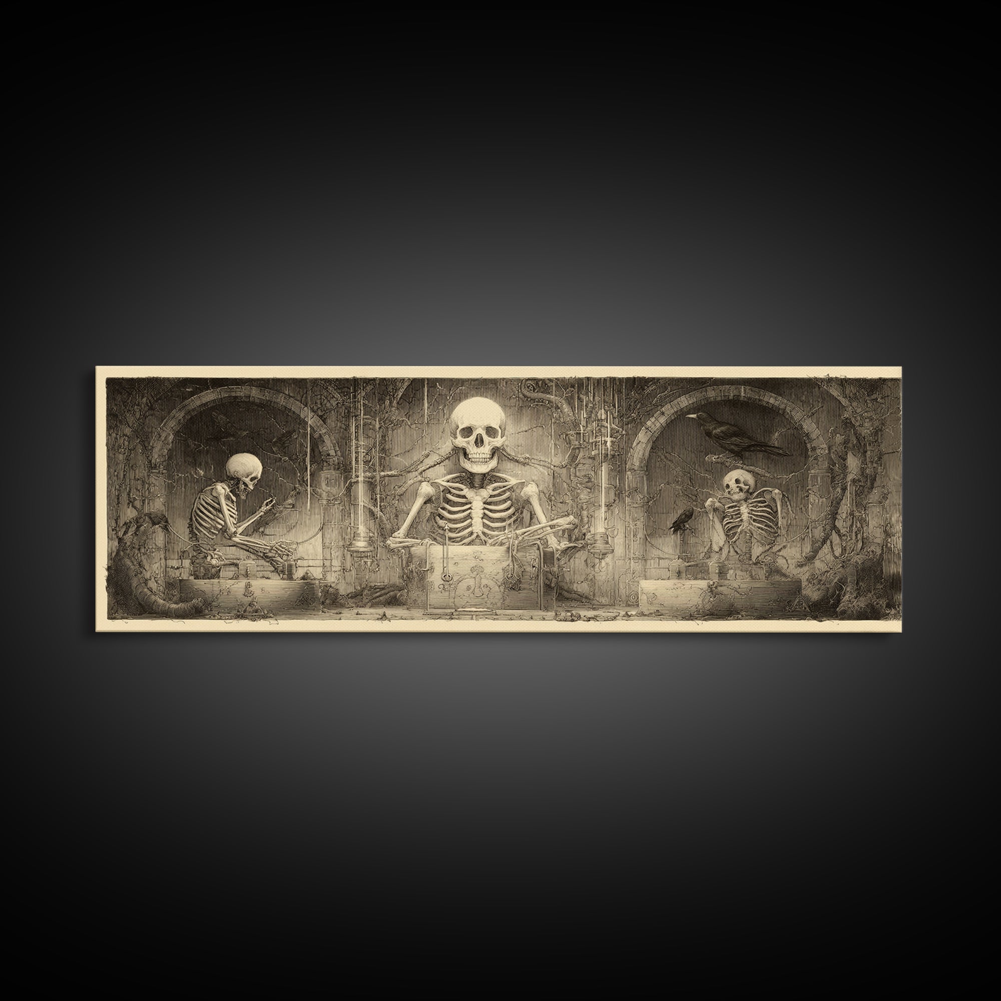 The Biomechanical Skeleton, Expressionist Nightmare Art, Extra Wide Wall Art, Dark Fantasy Wall Art, Framed Canvas Print, Halloween Wall Art