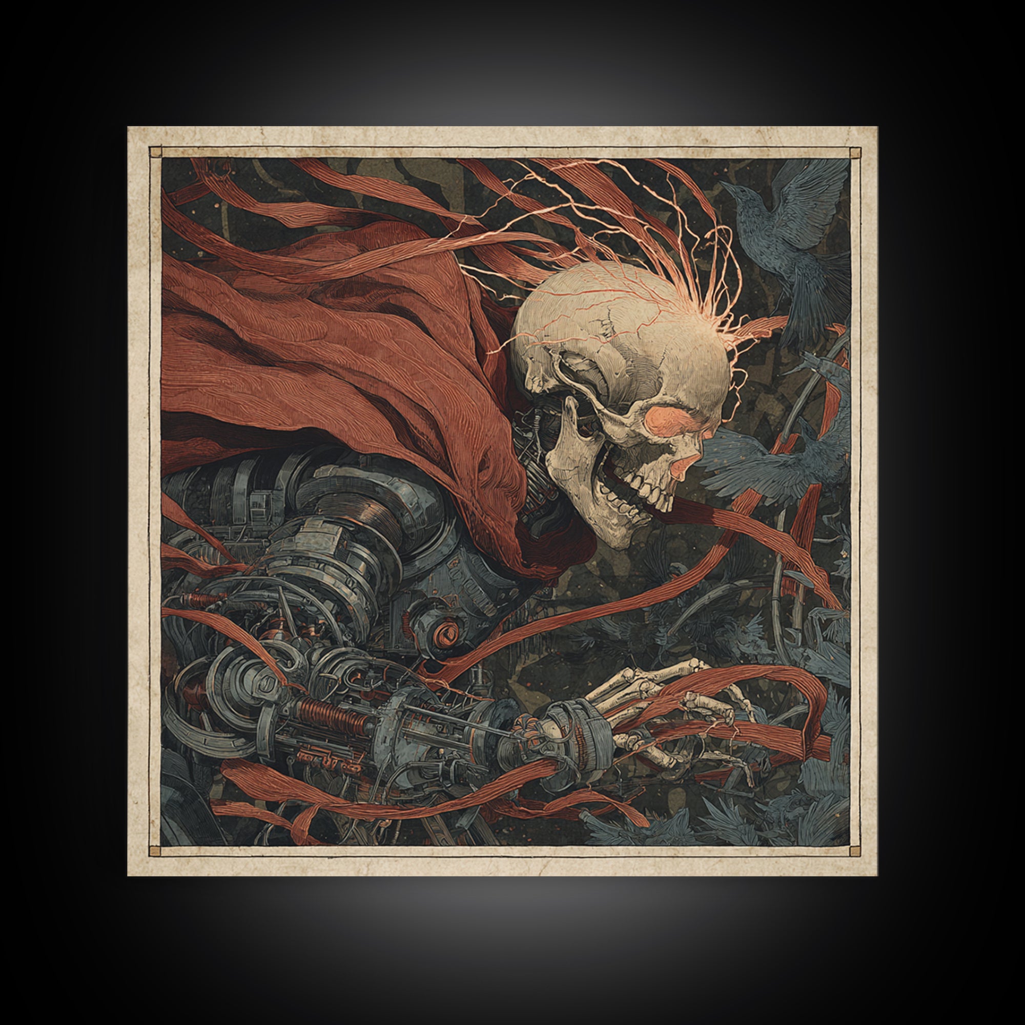 The Biomechanical Skeleton, Expressionist Gothic Art, Square Wall Art, Macabre Wall Art, Framed Canvas Print, Halloween Wall Art