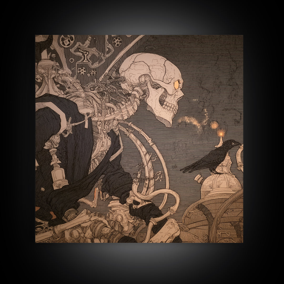 The Biomechanical Skeleton, Decadent Line Art, Square Wall Art, Gothic Horror Wall Art, Framed Canvas Print, Halloween Wall Art
