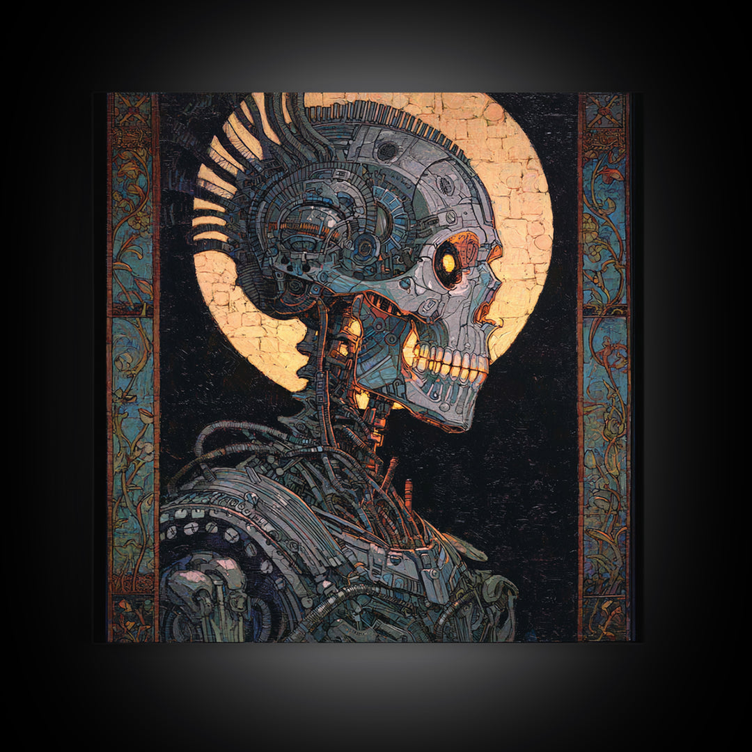 The Biomechanical Skeleton, Stained Glass Gothic Art, Square Wall Art, Dark Fantasy Wall Art, Canvas Print, Halloween Wall Art