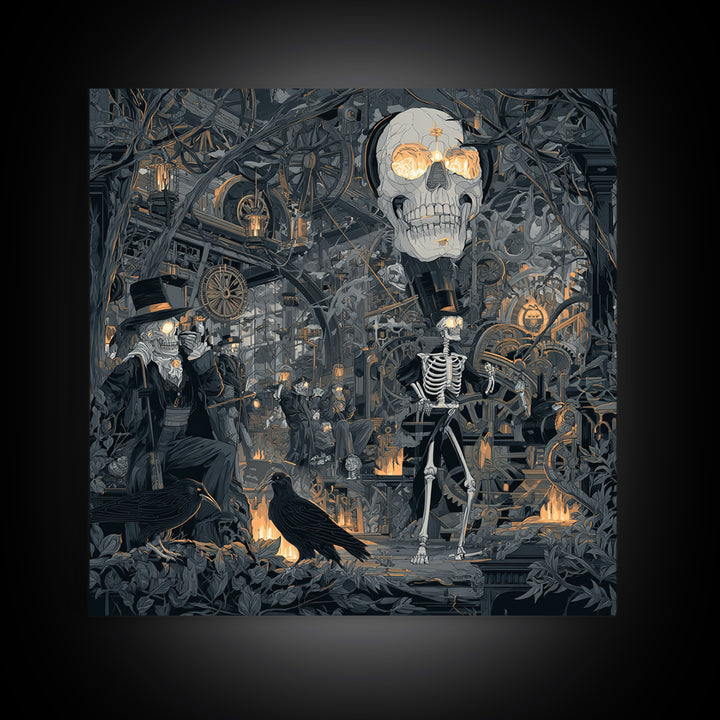 The Biomechanical Skeleton, Macabre Folk Print Art, Square Wall Art, Dark Fantasy Wall Art, Canvas Print, Halloween Wall Art