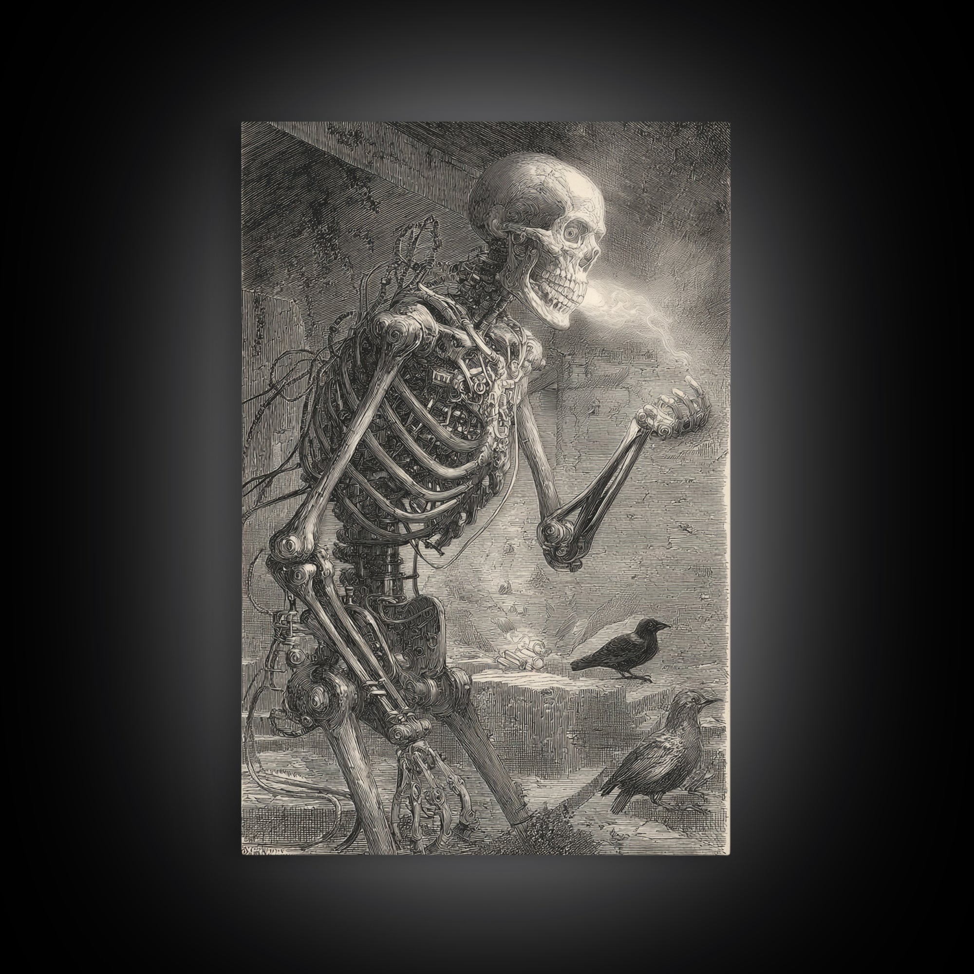 The Biomechanical Skeleton, Victorian Macabre Art, Vertical Wall Art, Dark Fantasy Wall Art, Framed Canvas Print, Halloween Wall Art