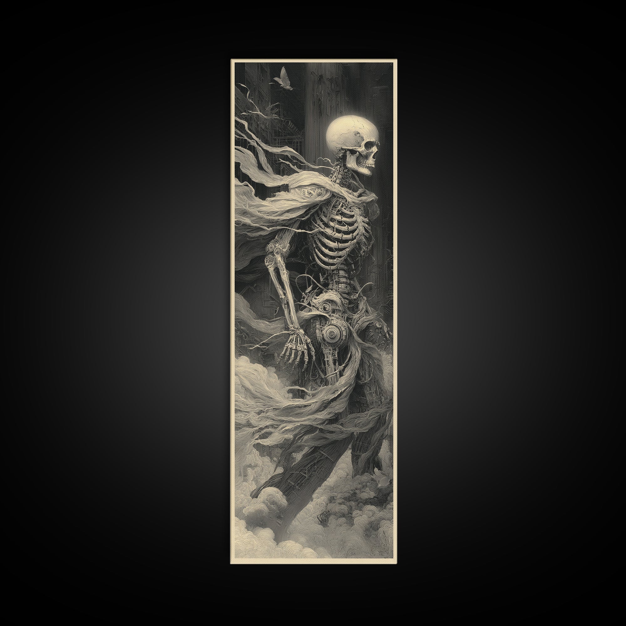 The Biomechanical Skeleton, Surreal Apocalyptic Art, Tall Narrow Wall Art, Gothic Horror Wall Art, Framed Canvas Print