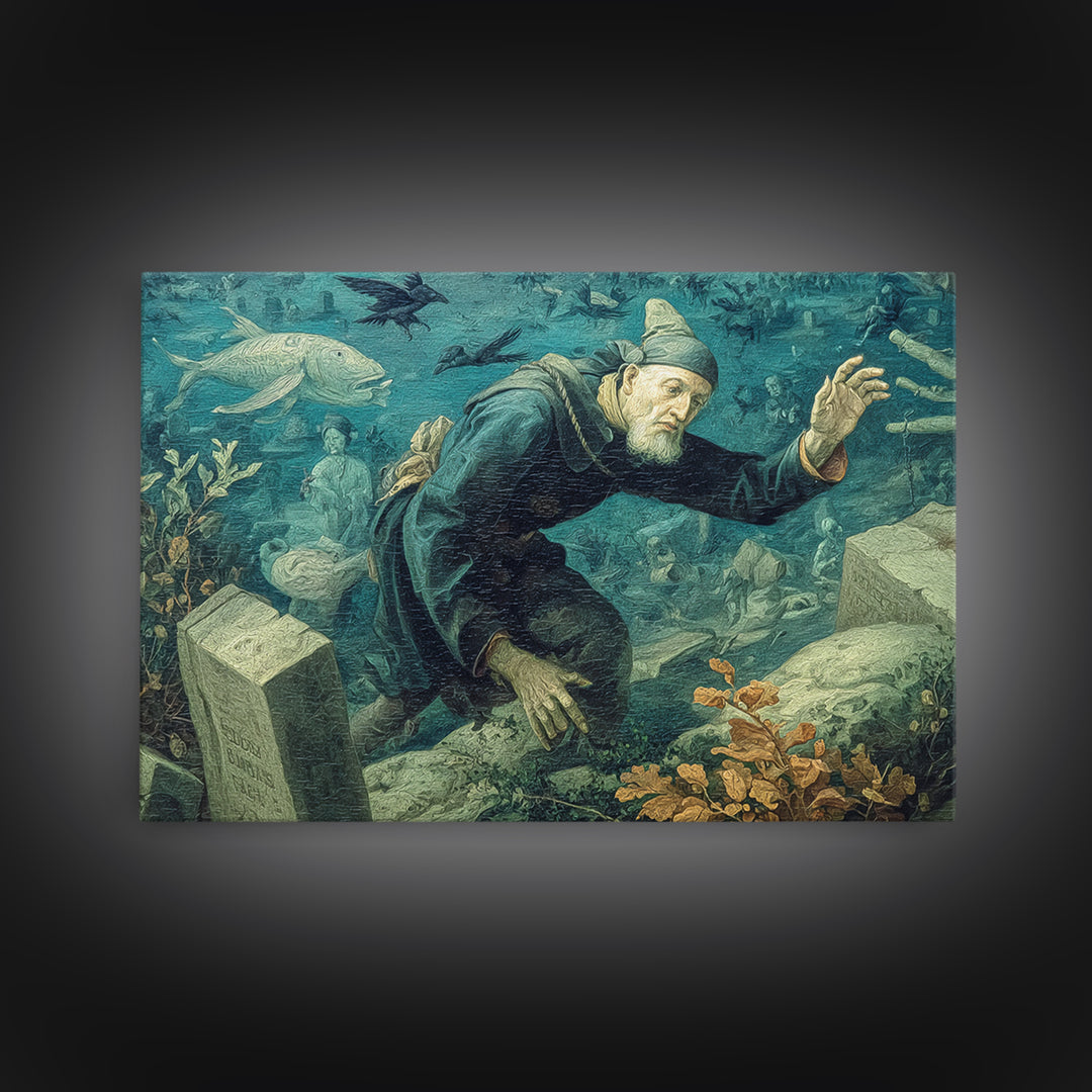 The Underwater Graveyard, Northern Renaissance Horror, Landscape Wall Art, Macabre Wall Art, Canvas Print, Halloween Wall Art