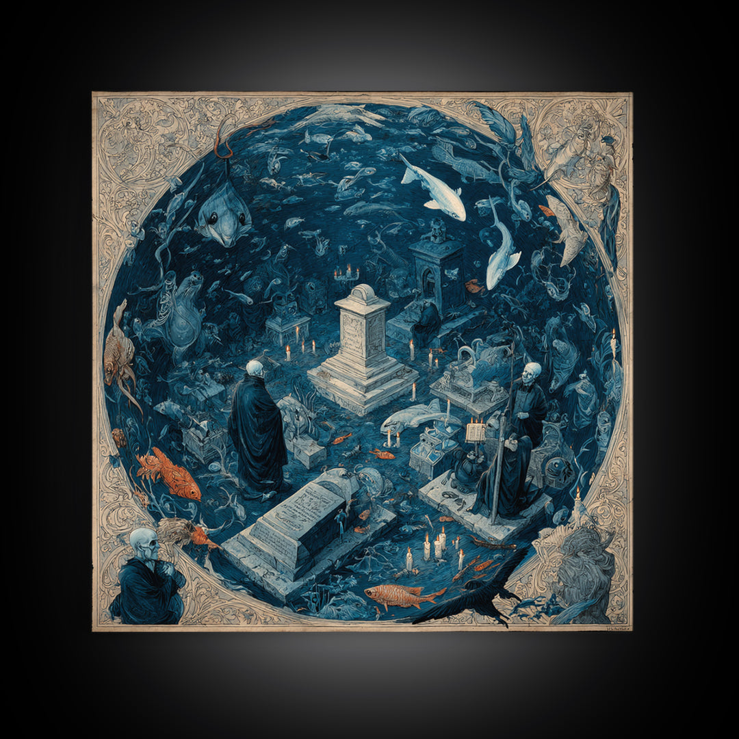 The Underwater Graveyard, Danse Macabre Art, Square Wall Art, Dark Fantasy Wall Art, Canvas Print, Halloween Wall Art