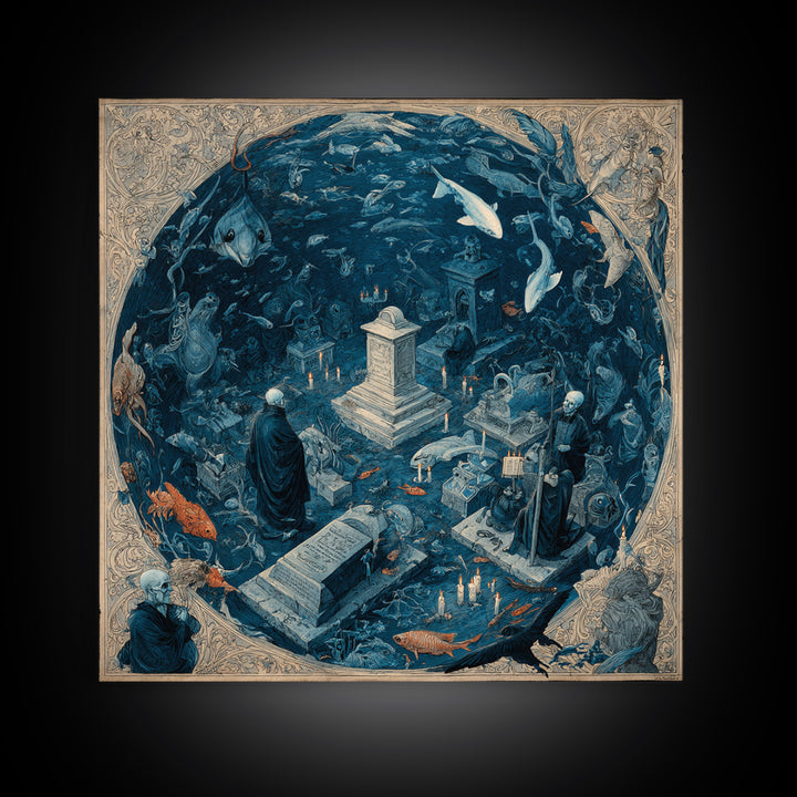 The Underwater Graveyard, Danse Macabre Art, Square Wall Art, Dark Fantasy Wall Art, Canvas Print, Halloween Wall Art