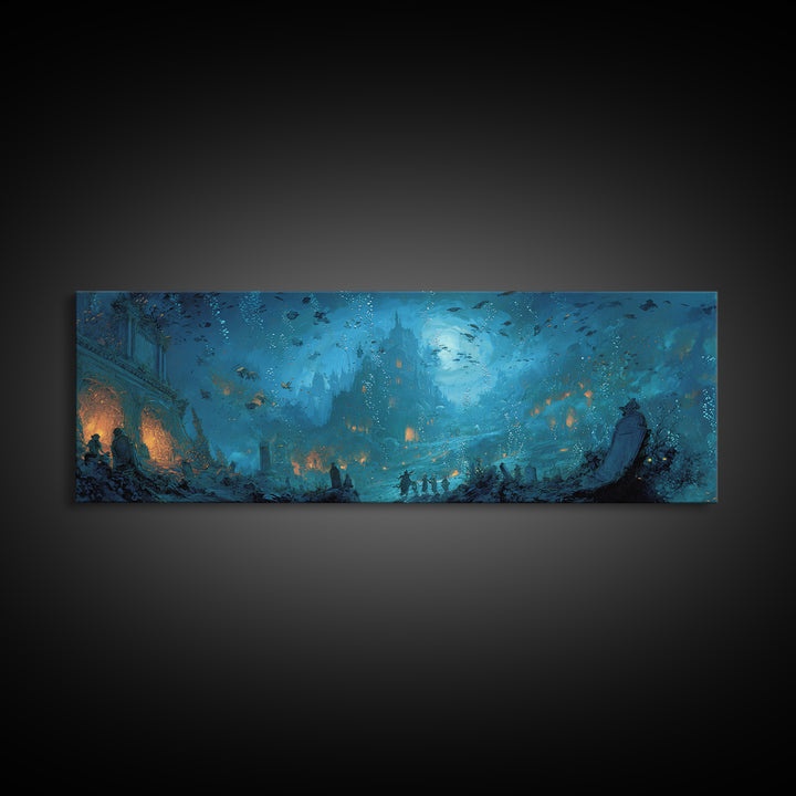 The Underwater Graveyard, Apocalyptic Romantic Art, Extra Wide Wall Art, Dark Fantasy Wall Art, Framed Canvas Print, Halloween Wall Art