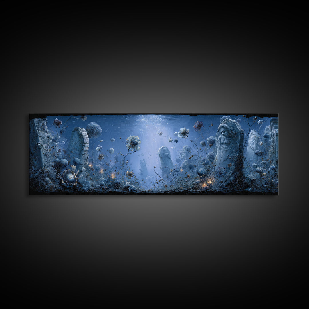 The Underwater Graveyard, Symbolist Dream Art, Extra Wide Wall Art, Dark Halloween Decor, Canvas Print, Halloween Wall Art