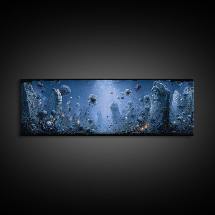 The Underwater Graveyard, Symbolist Dream Art, Extra Wide Wall Art, Dark Halloween Decor, Canvas Print, Halloween Wall Art
