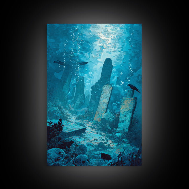 The Underwater Graveyard, Decadent Gothic Art, Vertical Wall Art, Gothic Horror Wall Art, Framed Canvas Print, Halloween Wall Art
