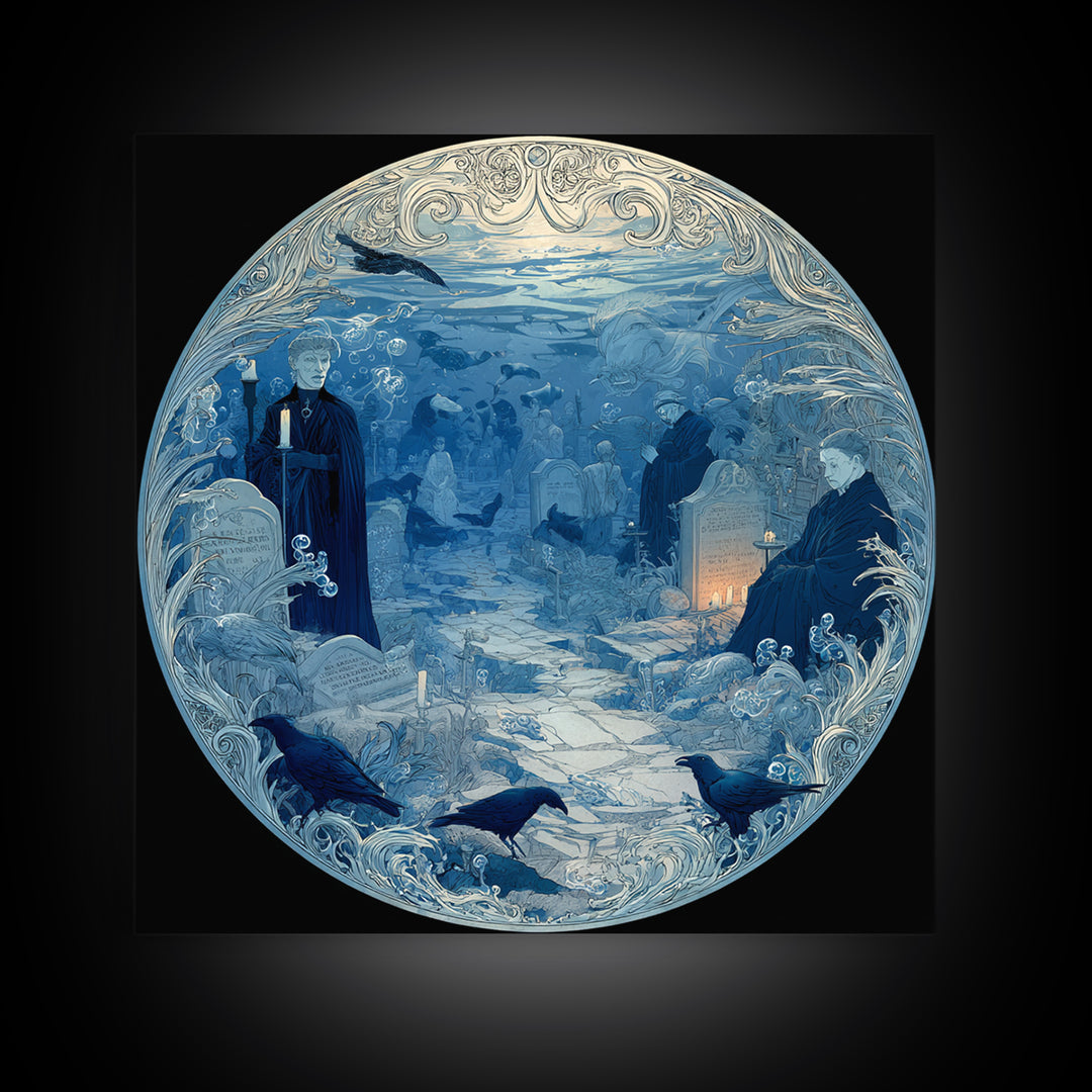 The Underwater Graveyard, Symbolist Death Art, Square Wall Art, Dark Fantasy Wall Art, Framed Canvas Print, Halloween Wall Art