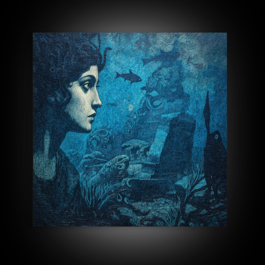The Underwater Graveyard, Dark Symbolist Art, Square Wall Art, Dark Halloween Decor, Canvas Print, Halloween Wall Art