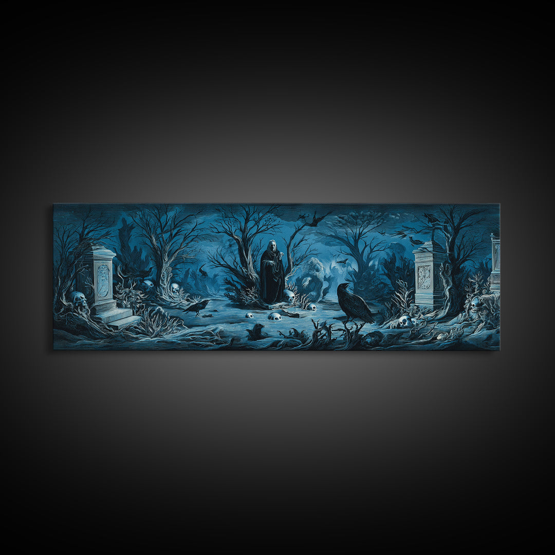 The Underwater Graveyard, Symbolist Etching Art, Extra Wide Wall Art, Macabre Wall Art, Canvas Print, Halloween Wall Art